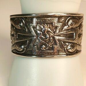 Vintage Sterling Silver Cuff Bracelet Inca Iconography Figures & Bird Decoration
